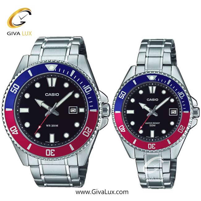 ساعت مچی اورجینال ست کاسیو Casio نقره ای-سرخابی-آبی کاربنی | نقره ای| مشکی| کد رفرنس مردانه: MDV-107D-1A3VDF، زنانه: MDV-10D-1A3VDF